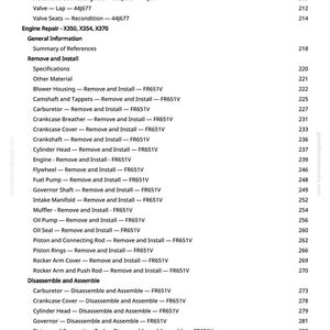 May include: A detailed table of contents from a manual, featuring various engine repair procedures. The text includes sections on removing and installing components like the fuel pump, oil seal, and piston rings. Page numbers are listed alongside each item.