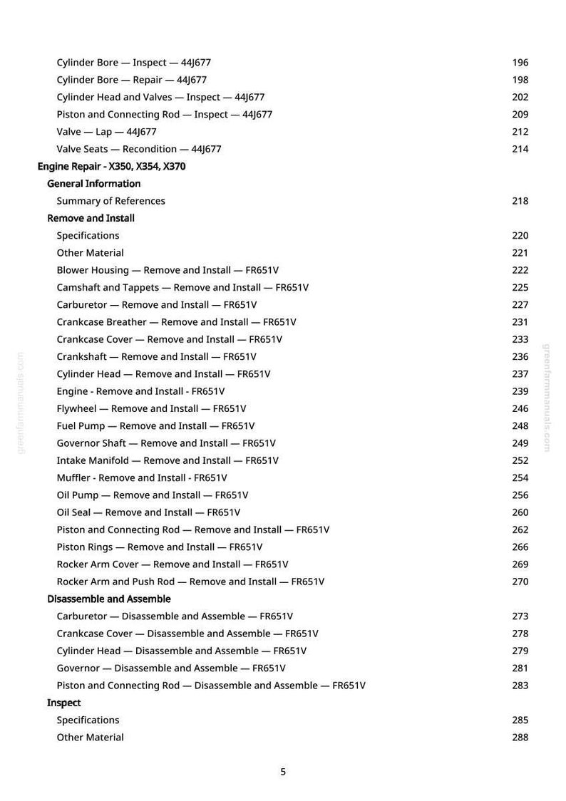 May include: A detailed table of contents from a manual, featuring various engine repair procedures. The text includes sections on removing and installing components like the fuel pump, oil seal, and piston rings. Page numbers are listed alongside each item.