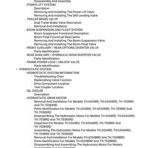 May include: A detailed list of mechanical system procedures, including removal, installation, and parts identification. The document covers topics like fan pump, power lift system, trailer brake valve, and hydrostatic drive motor.