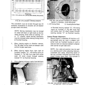 May include: Technical diagrams from a manual, featuring illustrations of engine components. Includes diagrams of cylinder firing order, valve set marks, and injector plunger adjustment procedures. Text and labels are present.