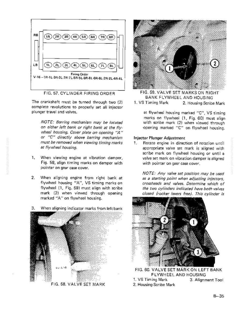 May include: Technical diagrams from a manual, featuring illustrations of engine components. Includes diagrams of cylinder firing order, valve set marks, and injector plunger adjustment procedures. Text and labels are present.