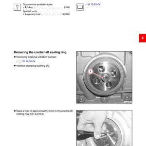 Puede incluir: Diagrama t&eacute;cnico para el motor Deutz TCD 2013 4V, que detalla el proceso de renovaci&oacute;n del ret&eacute;n del cig&uuml;e&ntilde;al. Incluye im&aacute;genes de los componentes del motor e instrucciones. El texto incluye medidas en mil&iacute;metros.
