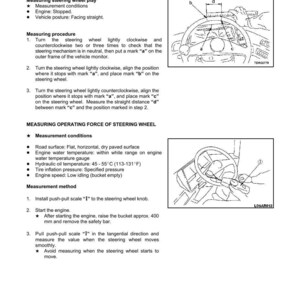 Puede incluir: Diagramas y texto que detallan las pruebas y el ajuste de un volante. Incluye instrucciones para medir el juego del volante y la fuerza de funcionamiento, con ilustraciones del proceso. El texto incluye condiciones y m&eacute;todos de medici&oacute;n.