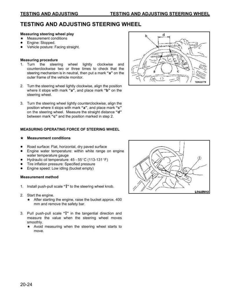 Puede incluir: Diagramas y texto que detallan las pruebas y el ajuste de un volante. Incluye instrucciones para medir el juego del volante y la fuerza de funcionamiento, con ilustraciones del proceso. El texto incluye condiciones y m&eacute;todos de medici&oacute;n.