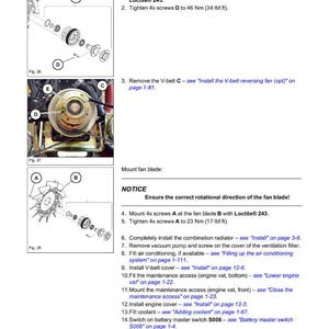 May include: Diagram detailing cooling system installation, including fan wheel and fan mounting instructions. The image shows detailed steps with labeled parts, diagrams, and torque specifications in Nm and lbf.ft.
