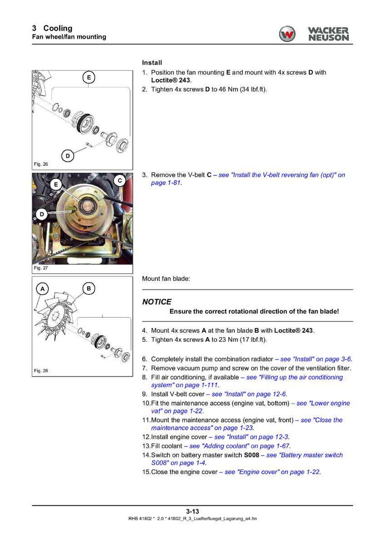 May include: Diagram detailing cooling system installation, including fan wheel and fan mounting instructions. The image shows detailed steps with labeled parts, diagrams, and torque specifications in Nm and lbf.ft.