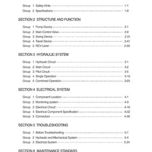 Puede incluir: Un documento blanco con una tabla de contenidos. Enumera secciones sobre informaci&oacute;n general, estructura, funci&oacute;n, sistemas hidr&aacute;ulicos y el&eacute;ctricos, soluci&oacute;n de problemas y mantenimiento, con n&uacute;meros de p&aacute;gina.