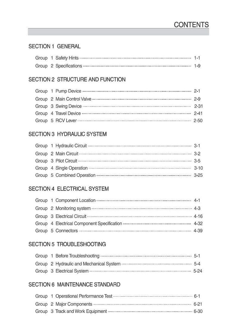 Puede incluir: Un documento blanco con una tabla de contenidos. Enumera secciones sobre informaci&oacute;n general, estructura, funci&oacute;n, sistemas hidr&aacute;ulicos y el&eacute;ctricos, soluci&oacute;n de problemas y mantenimiento, con n&uacute;meros de p&aacute;gina.