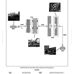 Puede incluir: Un diagrama de cableado en blanco y negro para un motor de limpiaparabrisas trasero, etiquetado RXA0072786-UN. El diagrama incluye componentes como el motor del limpiaparabrisas trasero, el interruptor del limpiaparabrisas trasero y varios mazos de cables, con una leyenda.
