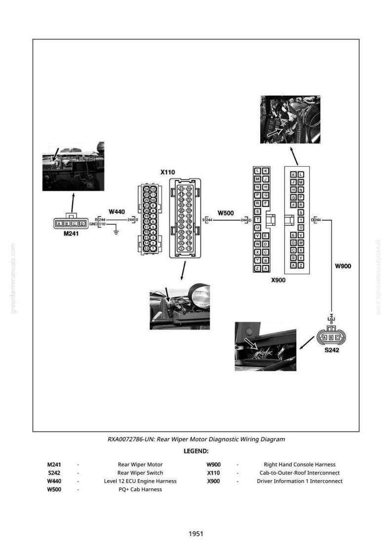 Puede incluir: Un diagrama de cableado en blanco y negro para un motor de limpiaparabrisas trasero, etiquetado RXA0072786-UN. El diagrama incluye componentes como el motor del limpiaparabrisas trasero, el interruptor del limpiaparabrisas trasero y varios mazos de cables, con una leyenda.