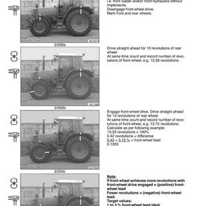 May include: Diagrams and instructions for front-wheel drive tractor maintenance. The images show a tractor with labeled parts and steps for checking the front-wheel lead. Text includes calculations and target values for optimal performance.