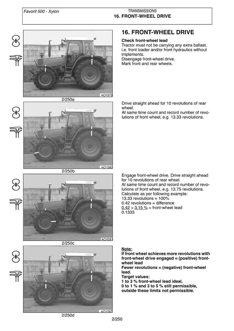 May include: Diagrams and instructions for front-wheel drive tractor maintenance. The images show a tractor with labeled parts and steps for checking the front-wheel lead. Text includes calculations and target values for optimal performance.