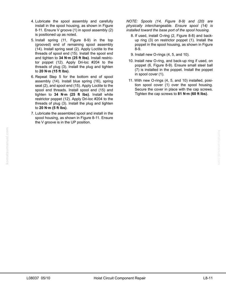 May include: A detailed technical manual page with instructions for hoist circuit component repair. The page includes numbered steps, diagrams, and torque specifications in ft lbs and N-m. The text is in black font on a white background.