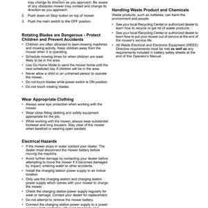May include: A page from an operator's manual with the title "Safety." The text provides instructions on safe mower operation, including stopping procedures, warnings about rotating blades, appropriate clothing, and electrical hazards. Page 9 is visible.