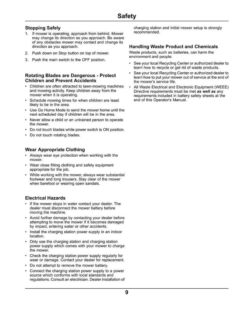 May include: A page from an operator's manual with the title "Safety." The text provides instructions on safe mower operation, including stopping procedures, warnings about rotating blades, appropriate clothing, and electrical hazards. Page 9 is visible.