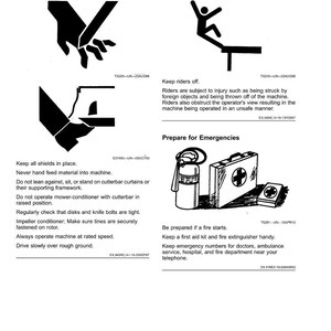 May include: Safety instructions page with illustrations and text. Includes warnings about operating a mower-conditioner and keeping riders off machinery. Also provides emergency preparedness advice, including first aid and fire safety.