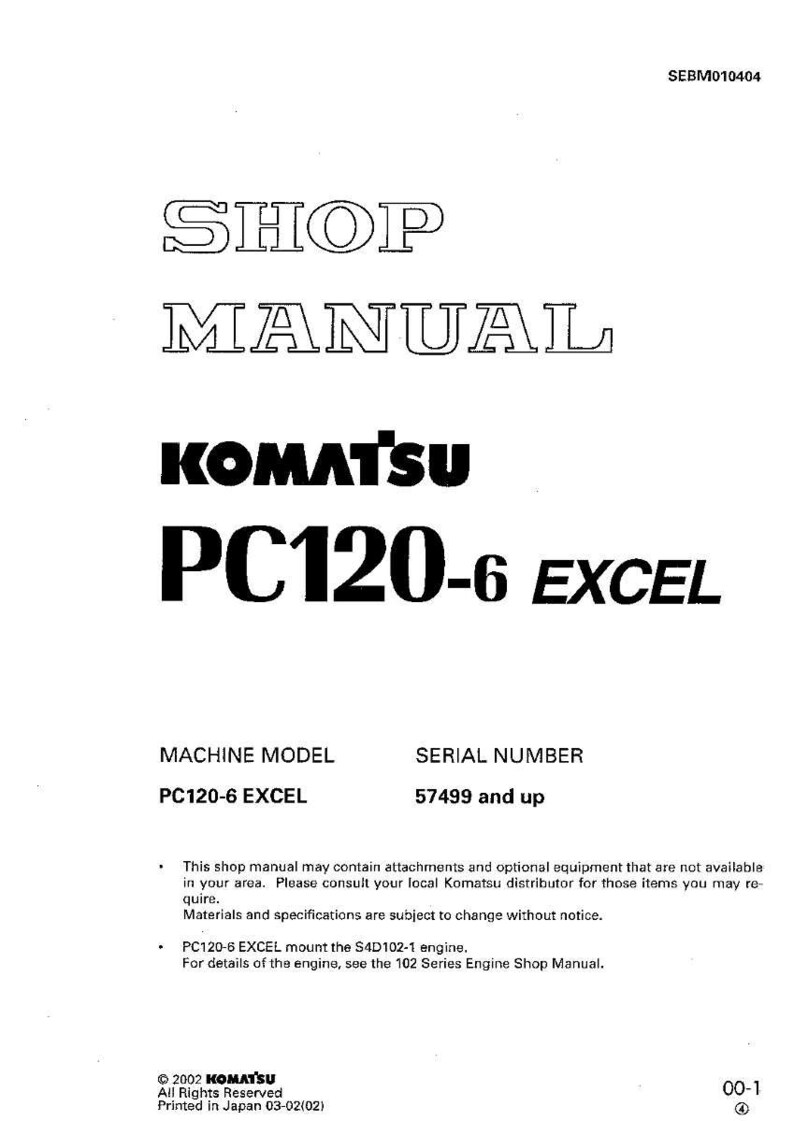 May include: A white shop manual for a Komatsu PC120-6 EXCEL machine. The cover features the text "SHOP MANUAL" in a bold font, along with the Komatsu logo and model information. The serial number is 57499 and up.