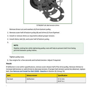 Op de afbeelding: Diagram van autogordelspanschijven en katrolcomponenten. Inclusief instructies voor installatie en afstelling. De doorbuiging van de ventilatorriem moet tussen 9-12 mm zijn.
