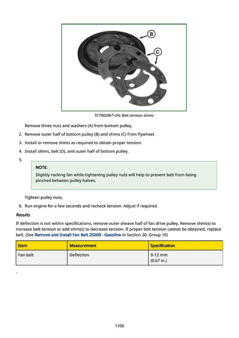 Op de afbeelding: Diagram van autogordelspanschijven en katrolcomponenten. Inclusief instructies voor installatie en afstelling. De doorbuiging van de ventilatorriem moet tussen 9-12 mm zijn.