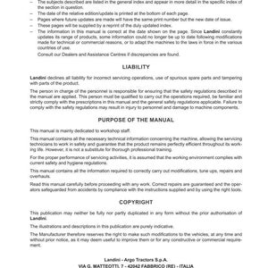 May include: A printed manual for Serie 6 Robo-Six tractors, manufactured by Landini. The document includes sections on introduction, liability, purpose, and copyright. The manual is in black and white with text and a logo.