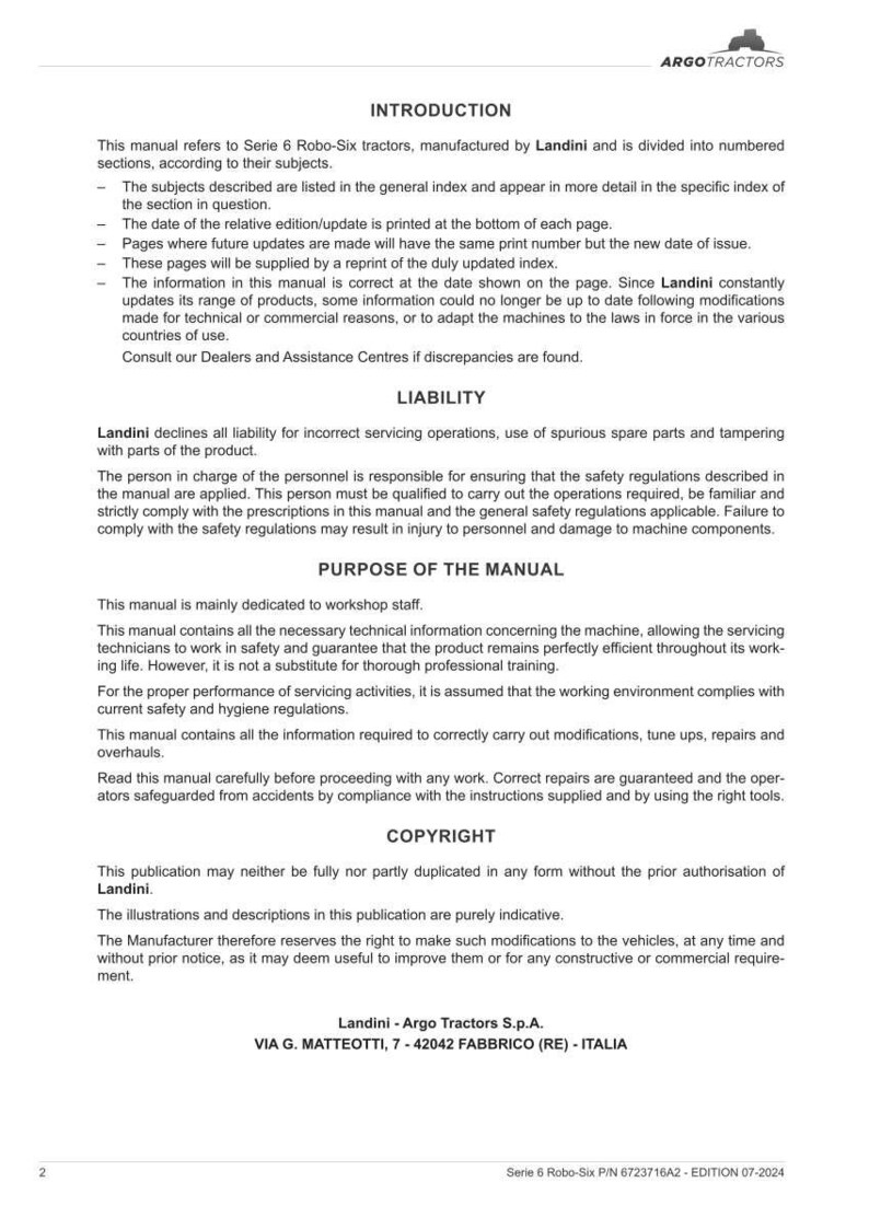 May include: A printed manual for Serie 6 Robo-Six tractors, manufactured by Landini. The document includes sections on introduction, liability, purpose, and copyright. The manual is in black and white with text and a logo.