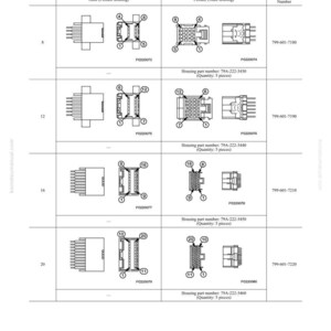 May include: A troubleshooting guide with a connection table for connector pin numbers. The table shows male and female connector housings with pin counts of 8, 12, 16, and 20. Includes part numbers and diagrams for each connector type.
