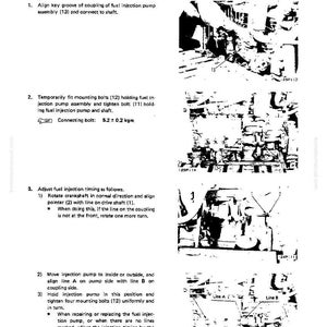 May include: Diagram of fuel injection pump assembly mounting instructions. Includes steps for aligning the key groove, fitting mounting bolts, and adjusting fuel injection timing. Text includes "TESTING AND ADJUSTING FUEL INJECTION TIMING."