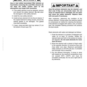 K&ouml;nnte beinhalten: Eine Seite aus einem Handbuch zur Reinigung der Luftfilterbaugruppe. Der Text enth&auml;lt Anweisungen zur Reinigung der Prim&auml;relemente, mit Sicherheitshinweisen und Austauschverfahren. Das Dokument enth&auml;lt auch Details zum Waschen und Trocknen der Elemente.