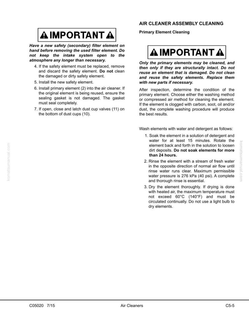 K&ouml;nnte beinhalten: Eine Seite aus einem Handbuch zur Reinigung der Luftfilterbaugruppe. Der Text enth&auml;lt Anweisungen zur Reinigung der Prim&auml;relemente, mit Sicherheitshinweisen und Austauschverfahren. Das Dokument enth&auml;lt auch Details zum Waschen und Trocknen der Elemente.