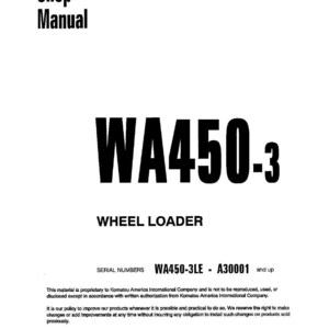 Op de afbeelding: Een witte shop manual cover met de tekst "Shop Manual" bovenaan. Grote zwarte tekst luidt "WA450-3" en "WHEEL LOADER" eronder. De onderkant van de pagina bevat serienummers en copyrightinformatie.
