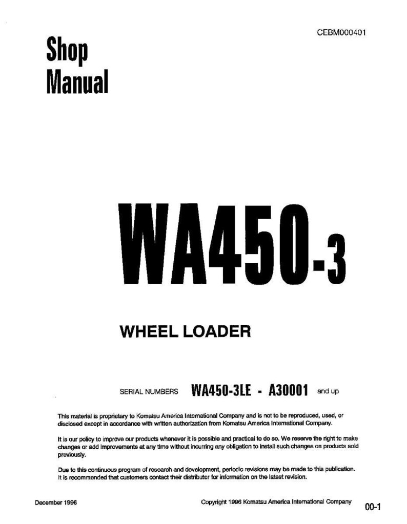 Op de afbeelding: Een witte shop manual cover met de tekst "Shop Manual" bovenaan. Grote zwarte tekst luidt "WA450-3" en "WHEEL LOADER" eronder. De onderkant van de pagina bevat serienummers en copyrightinformatie.