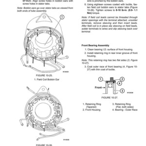 May include: Technical diagram of a battery charging alternator, showing internal components and assembly instructions. Includes figures detailing field coil bobbin ears, stator tabs, and front bearing assembly. Measurements are in lb-in and Nm.