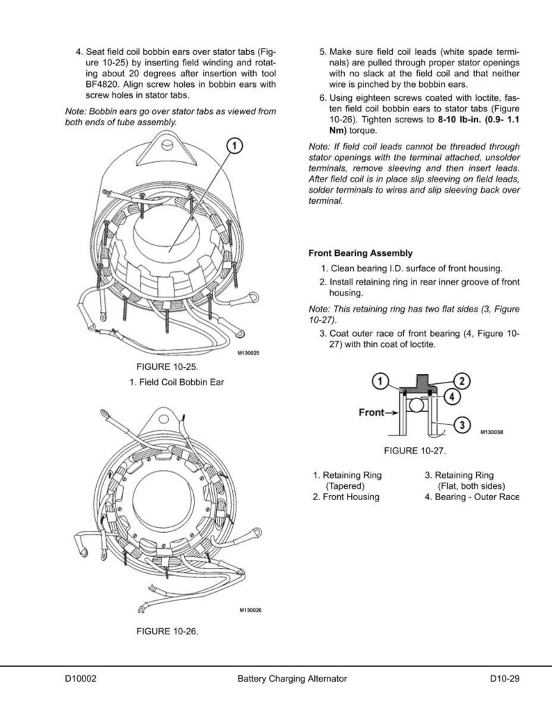 May include: Technical diagram of a battery charging alternator, showing internal components and assembly instructions. Includes figures detailing field coil bobbin ears, stator tabs, and front bearing assembly. Measurements are in lb-in and Nm.