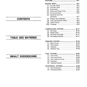 May include: A black and white technical diagram with the title "MECHANISM" at the top. The diagram lists engine components, including the cylinder block, crankshaft, and fuel system parts. The document also includes the text "CONTENTS".