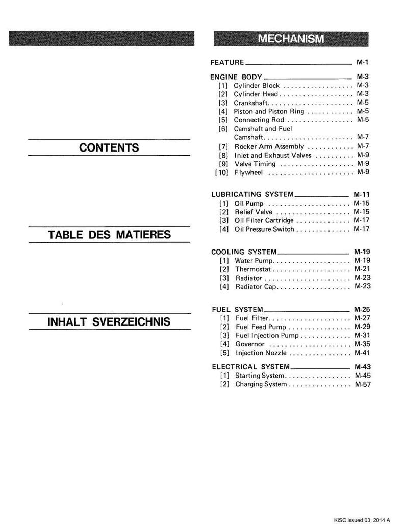 May include: A black and white technical diagram with the title "MECHANISM" at the top. The diagram lists engine components, including the cylinder block, crankshaft, and fuel system parts. The document also includes the text "CONTENTS".