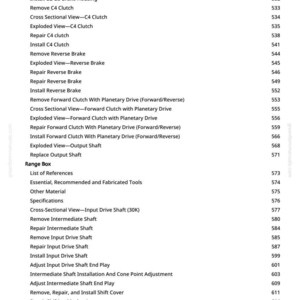 May include: A page from a manual with a list of automotive repair procedures. The text includes terms like "Remove B2-B3 Brake Housing," "Repair Reverse Brake," and "Install Input Drive Shaft." Page numbers are listed to the right of each item.