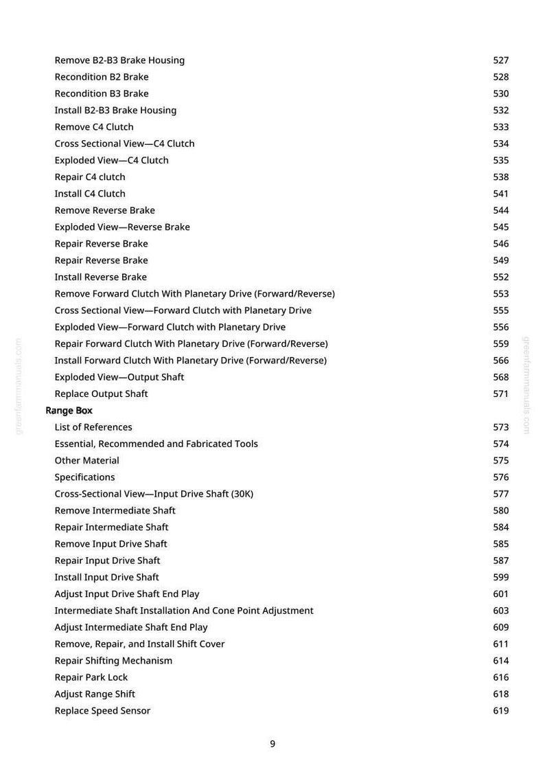 May include: A page from a manual with a list of automotive repair procedures. The text includes terms like "Remove B2-B3 Brake Housing," "Repair Reverse Brake," and "Install Input Drive Shaft." Page numbers are listed to the right of each item.
