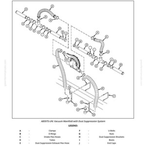 May include: An exploded view diagram of a vacuum manifold system with a dust suppression system. The diagram includes labels for clamps, O-rings, hoses, tubes, and other components. Text at the top reads "Vacuum Manifold System Exploded View&mdash;With Dust Suppression System."
