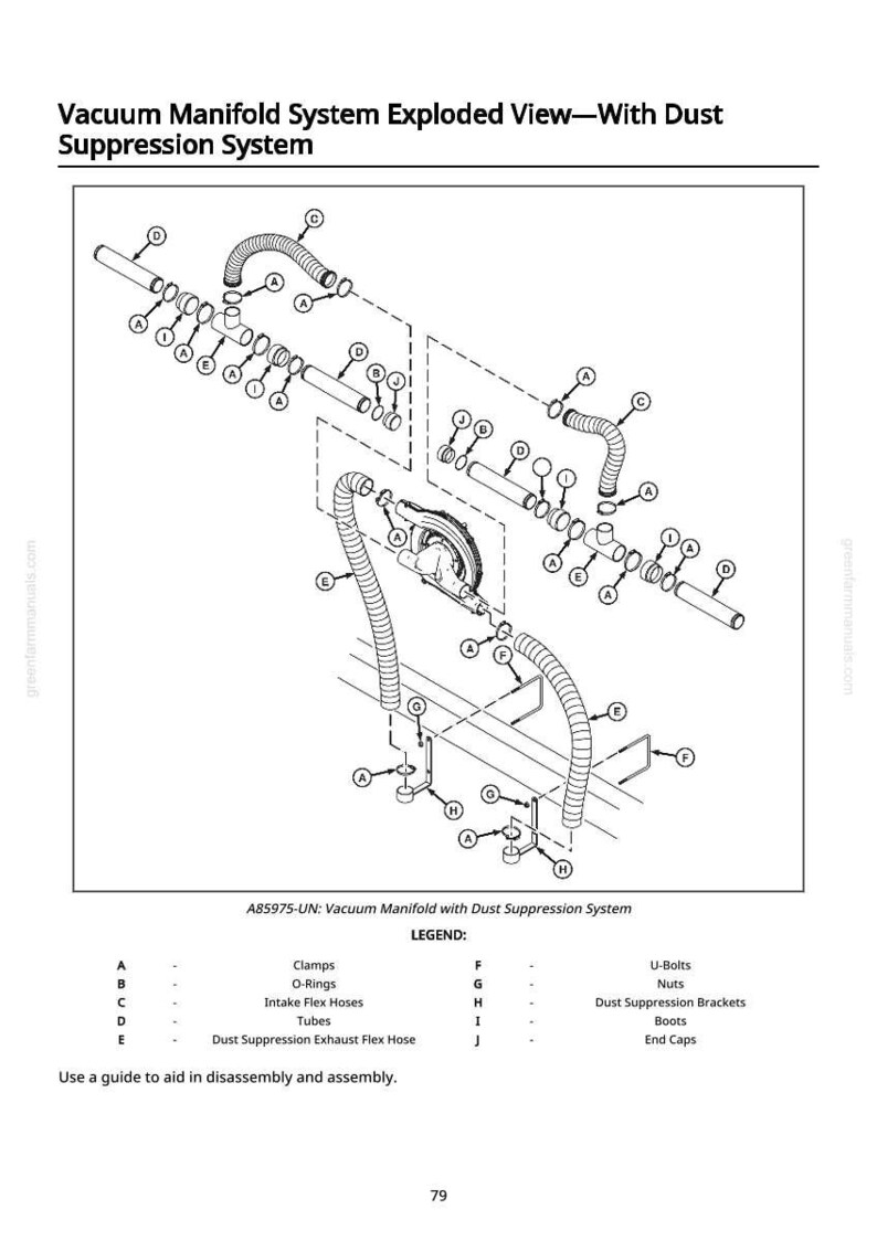 May include: An exploded view diagram of a vacuum manifold system with a dust suppression system. The diagram includes labels for clamps, O-rings, hoses, tubes, and other components. Text at the top reads "Vacuum Manifold System Exploded View&mdash;With Dust Suppression System."