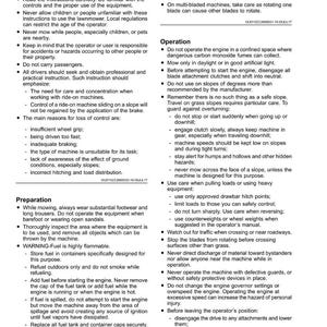 May include: Safety instructions page with headings for Training, Preparation, and Operation. Text includes warnings about fuel, mowing practices, and machine operation. The page has a white background with black text.