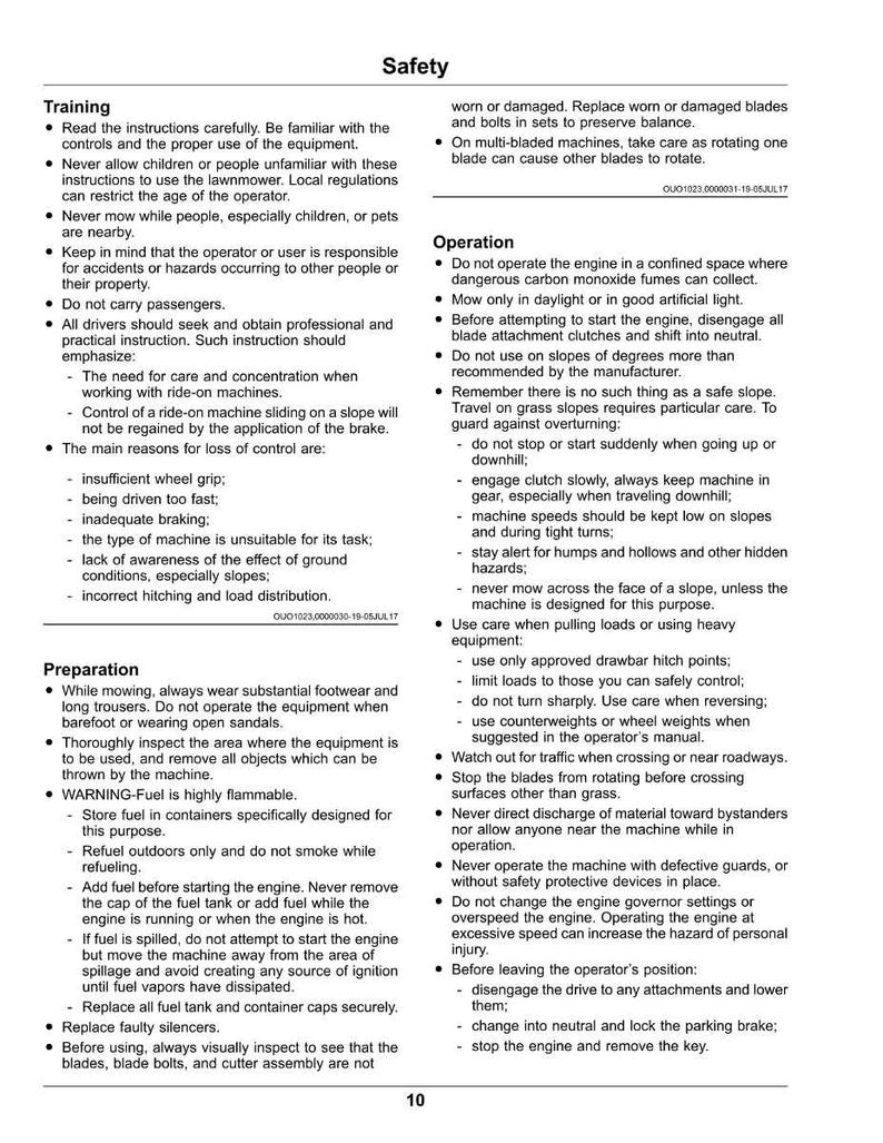 May include: Safety instructions page with headings for Training, Preparation, and Operation. Text includes warnings about fuel, mowing practices, and machine operation. The page has a white background with black text.
