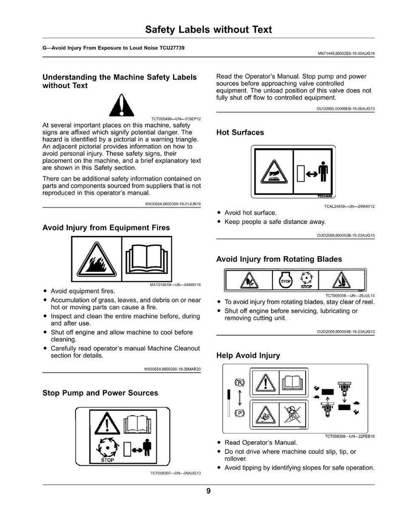 May include: A page from an operator's manual with safety labels and warnings. The manual includes illustrations and text about avoiding injury from equipment fires, rotating blades, and hot surfaces. The page also includes instructions on how to stop pump and power sources.
