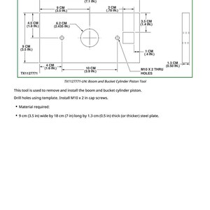 Puede incluir: Diagrama t&eacute;cnico de una herramienta para pistones de cilindros de pluma y cuchara, con medidas en cm y pulgadas. El diagrama especifica un requisito de placa de acero de 9 cm x 18 cm x 1,3 cm.