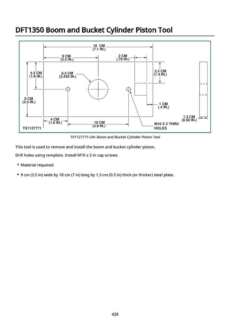 Puede incluir: Diagrama t&eacute;cnico de una herramienta para pistones de cilindros de pluma y cuchara, con medidas en cm y pulgadas. El diagrama especifica un requisito de placa de acero de 9 cm x 18 cm x 1,3 cm.