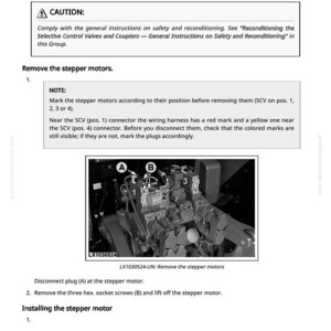 Op de afbeelding: Een technische tekening uit een handleiding met details over het verwijderen en installeren van stappenmotoren op Series 300 Selective Control Valves. De afbeelding bevat een waarschuwing, notities en een gedetailleerde illustratie van de componenten.