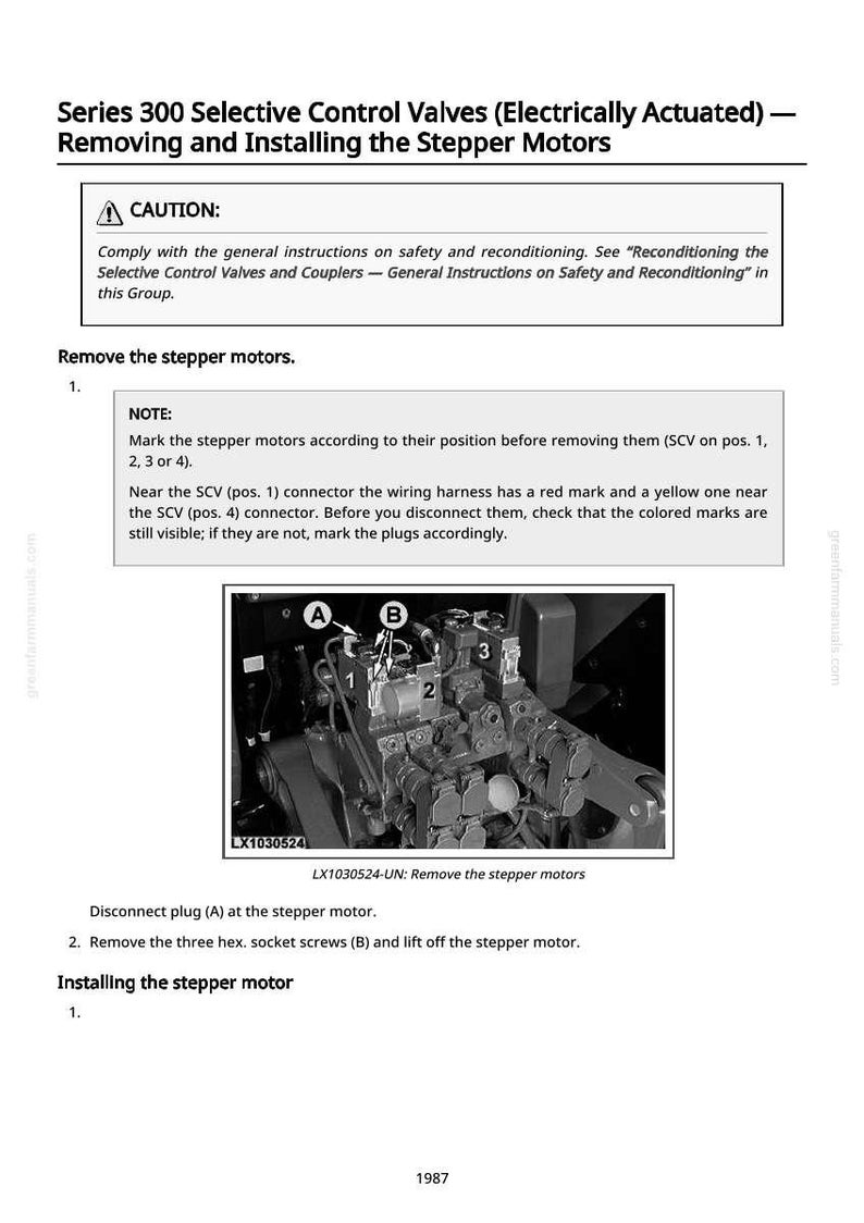 Op de afbeelding: Een technische tekening uit een handleiding met details over het verwijderen en installeren van stappenmotoren op Series 300 Selective Control Valves. De afbeelding bevat een waarschuwing, notities en een gedetailleerde illustratie van de componenten.