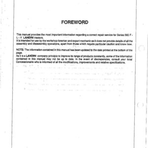 May include: A page from a manual with the title "FOREWORD". The text describes repair service information for Series 560 F-L-V LANDINI tractors. The manual is intended for workshop foremen and expert mechanics.
