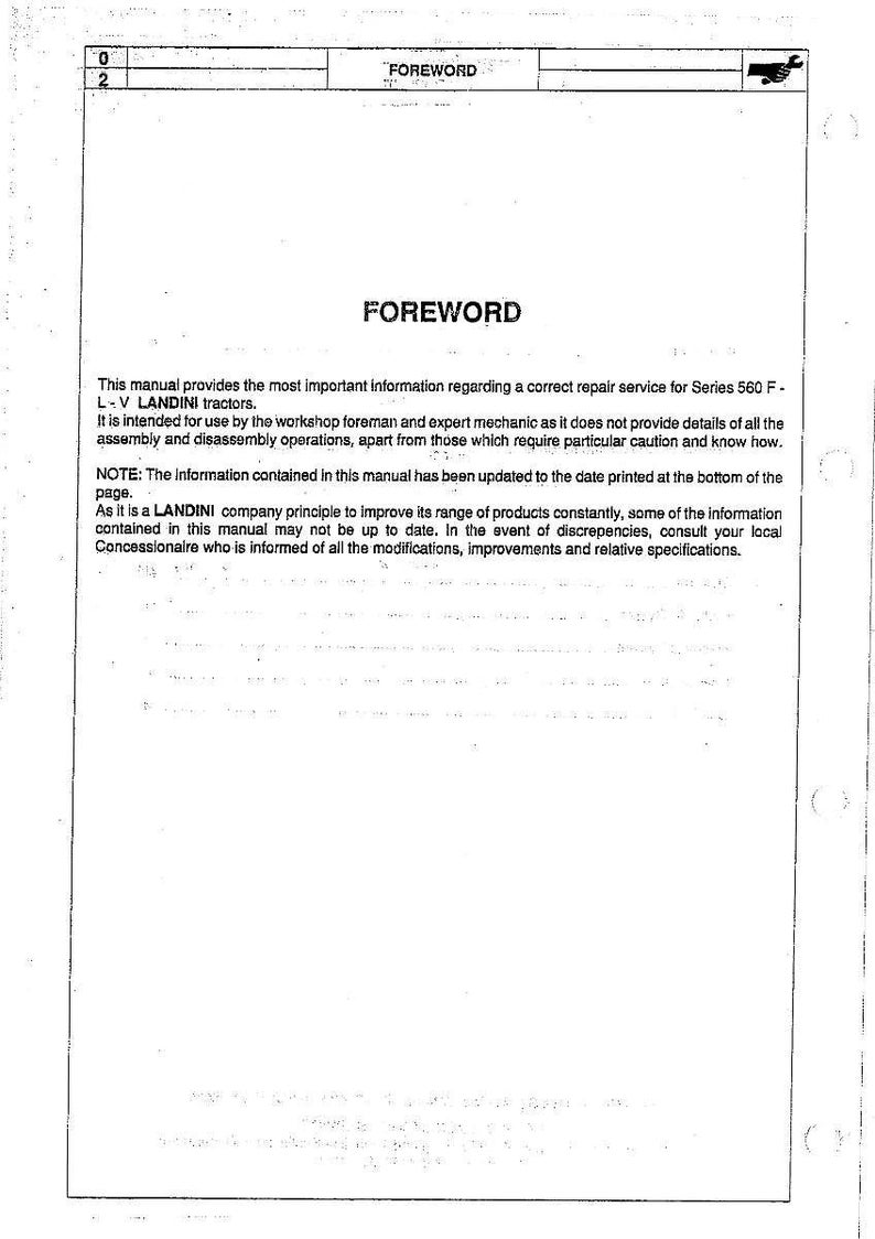 May include: A page from a manual with the title "FOREWORD". The text describes repair service information for Series 560 F-L-V LANDINI tractors. The manual is intended for workshop foremen and expert mechanics.