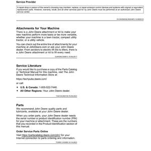 May include: A page from a John Deere manual with the title "Introduction." It includes sections on emission-related information, attachments, service literature, and parts. Contact information and website addresses are provided.
