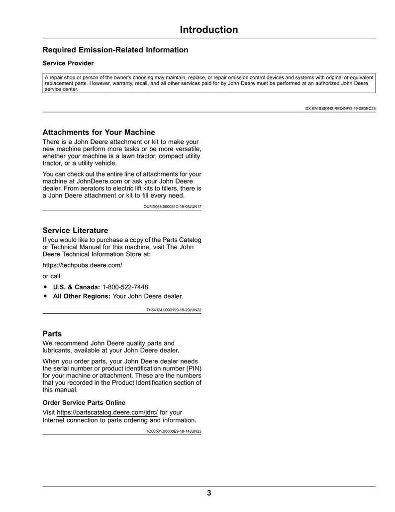 May include: A page from a John Deere manual with the title "Introduction." It includes sections on emission-related information, attachments, service literature, and parts. Contact information and website addresses are provided.